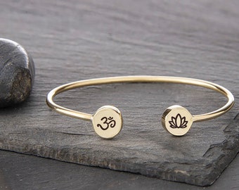 OM and Lotus Flower Cuff, OM Charm, OM Bracelet, Lotus Charm, Lotus Bracelet, Lotus Flower, Yoga Jewelry, Yoga Gift