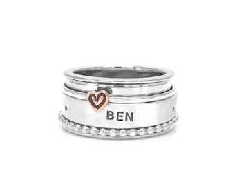 Handmade Customizable Spinning Fidget Ring with Heart Charm - Personalized Text Band, Interchangeable Bands Jewelry