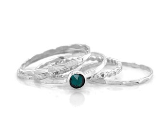 Handcrafted Sterling Silver Emerald Crystal Solitaire & Texture Ring Set - May Birthstone Jewelry