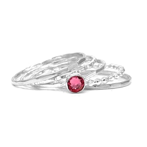 Sterling Silver Pink Tourmaline Stacking Ring Set - Crystal Solitaire & Hammered Bands