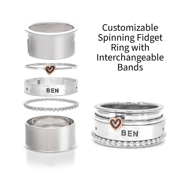 Handmade Customizable Spinning Fidget Ring with Heart Charm - Personalized Text Band, Interchangeable Bands Jewelry