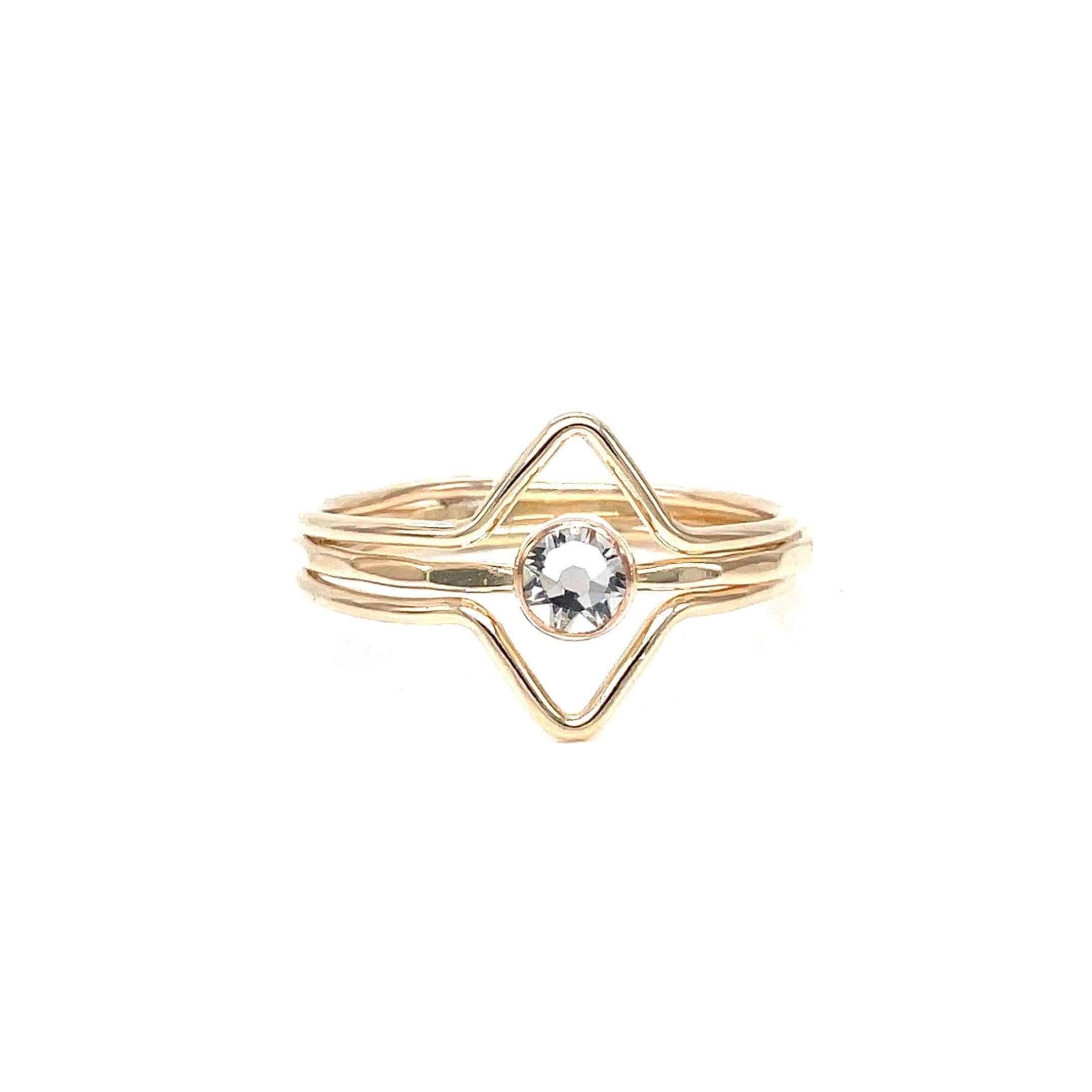Handmade Gold Filled Diamond Crystal Solitaire & Chevron Ring Set - Stacking Band Set with April Birthstone, Handcrafted Jewelry