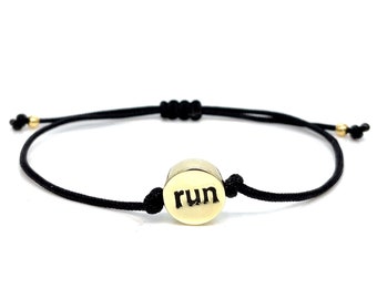 Ready To Ship - Sporty Chic: Brass Run Friendship Bracelet with Adjustable Black Cord - Motivational Running Jewelry