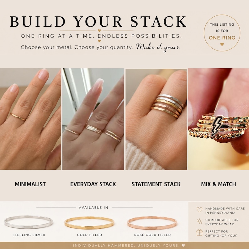 Handmade Hammered Stacking Ring – Sterling Silver, Gold Filled, Rose Gold Filled image 2