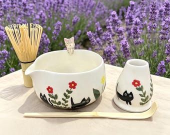 Custom Flower Cat Ceramic Matchat Set,Personalized Pet Ceramic Matcha Bowl,Memorial Gift for Pet Lovers,Peekaboo Bowl,Hidden Animal Bowl