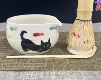 Hand Painted Cat Fish Ceramic Matcha Bowl Set,Large Capacity Cat Matcha Bowl Set,Birthday Gift,Personalized Pet Matcha Bowl,Matcha Bowl Set