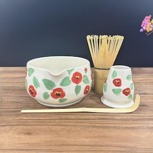 Cute Red Flowers Handmade Ceramic Matcha Bowl Set,Large Capacity Matcha Bowl Set,Birthday Gift,Personalized Matcha Bowl,Matcha Set,500ML