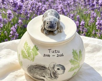 Custom Rabbit Portrait Handmade Ceramic Urn – Handmade Pet Ashes Keepsake – Hand-Painted Memorial Urn for Beloved Pet – Pet Loss Gift