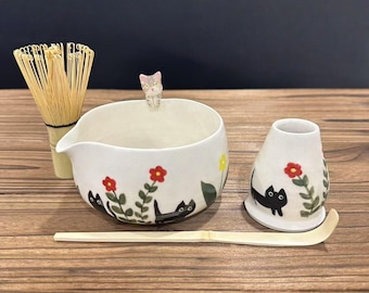 Custom Flower Cat Ceramic Matchat Set,Personalized Pet Ceramic Matcha Bowl,Memorial Gift for Pet Lovers,Peekaboo Bowl,Hidden Animal Bowl