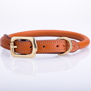 thumbnail image 2 of Handmade Classic Rolled Leather Dog Collar - Brown, 14", Nickel Hardware (USA) 2 of 6