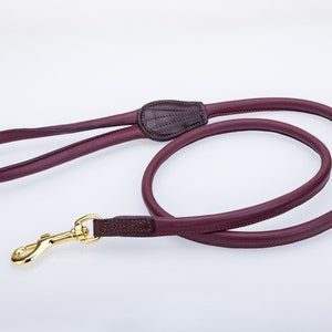 May include: A burgundy leather dog leash with a gold metal clip and ring. The leash has a padded handle.