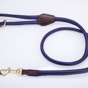 May include: A purple leather dog leash with a brown leather handle and a gold metal clip.