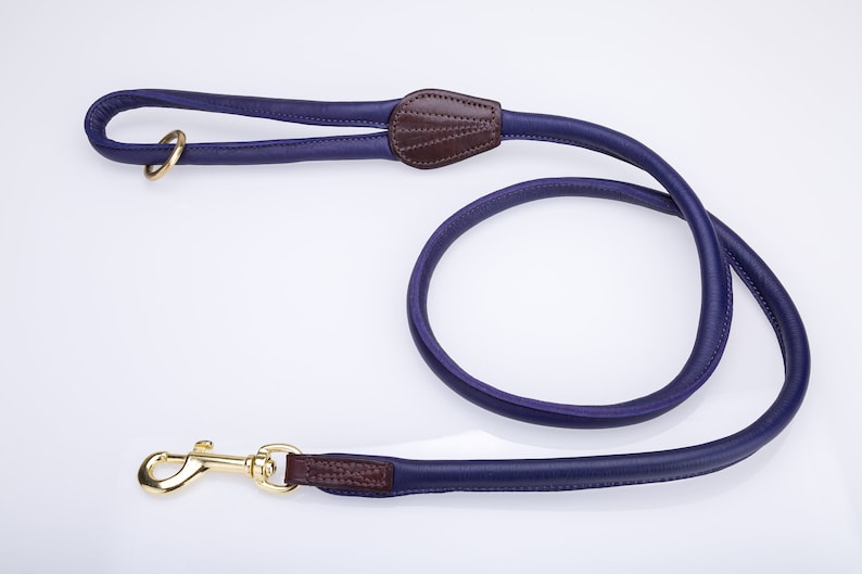 May include: A purple leather dog leash with a brown leather handle and a gold metal clip.