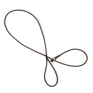 Può includere: Una collana in pelle marrone scuro dal design semplice. La collana presenta un sottile cordino ad anello e una piccola chiusura color oro. Il cordino è annodato per formare un anello nella parte inferiore.