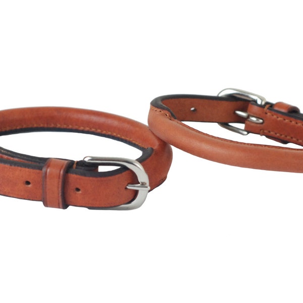 Handmade Rolled European Leather Dog Collar With Silver Fittings Neck size from 8" to 24"