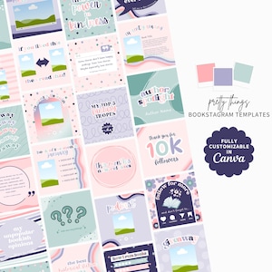 Peut inclure: Ensemble de modèles Bookstagram aux couleurs pastel avec divers designs, comprenant des superpositions de texte et des espaces réservés aux images. Les modèles présentent des phrases telles que "Author Spotlight", "Giveaway" et "Book of the Month". Entièrement personnalisable dans Canva.