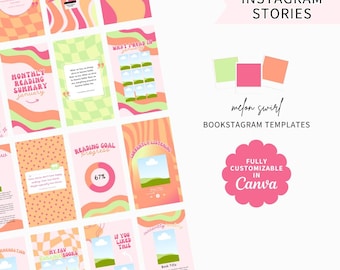 May include: A collection of Instagram story templates with a melon swirl design. The templates feature text like "What I read in January" and "Monthly Reading Summary." The design includes pink, orange, and green elements, with the text "Fully Customizable in Canva."