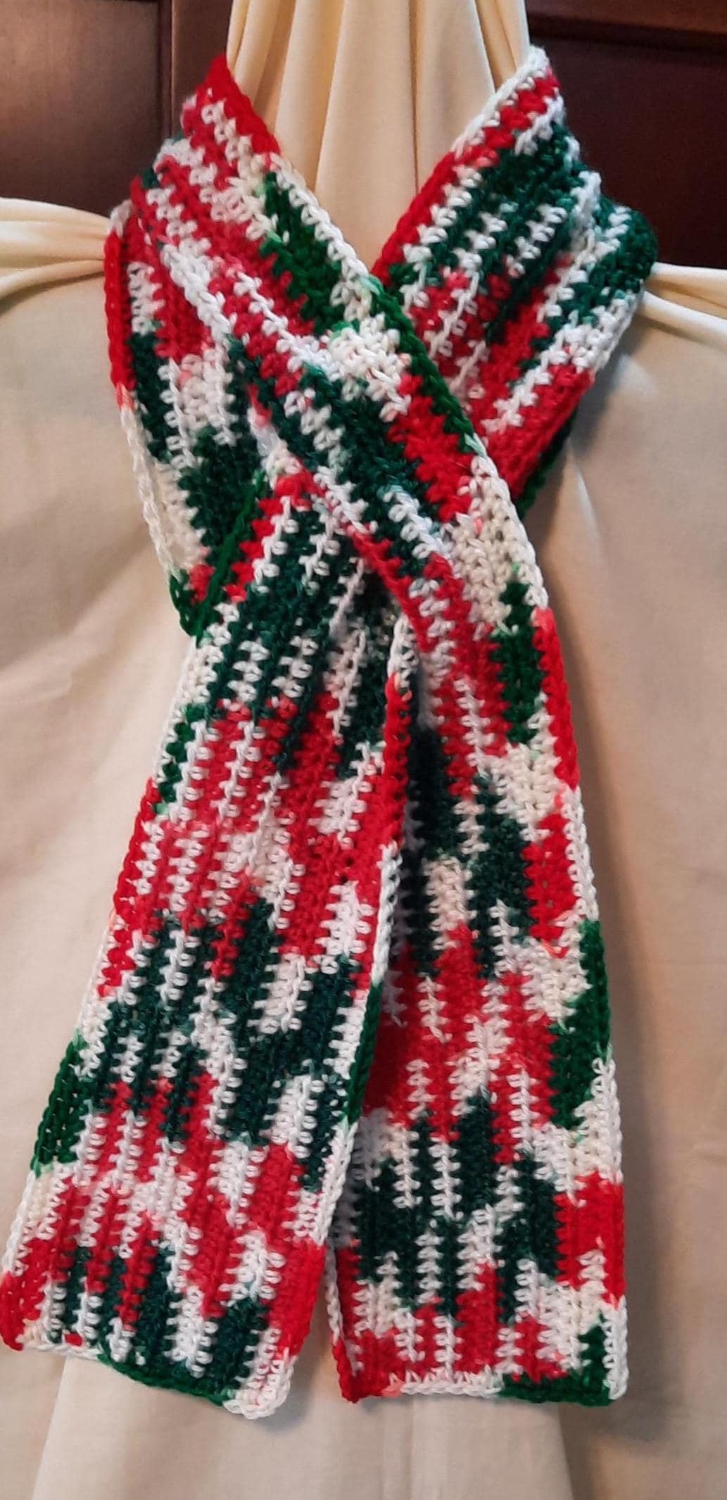 Handmade Crocheted Classic Keyhole Scarf, "Christmas Ombre"  Great for Women & Men, Multi Seasonal. 60" x 6"