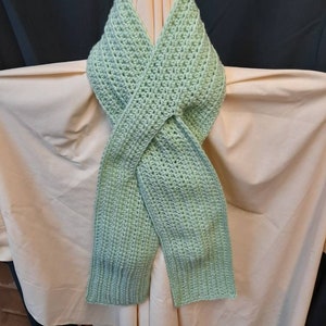 Handmade Crocheted Classic Keyhole Scarf, &quot; Soft Sage&quot; Great for Women & Men, Multi Seasonal