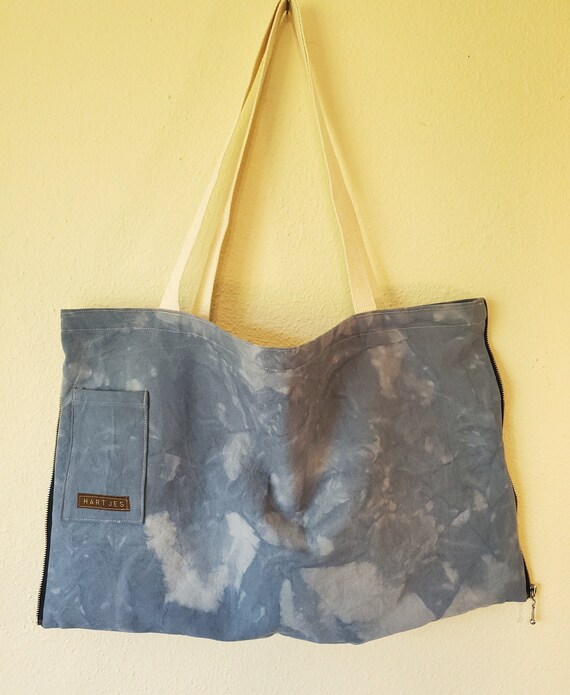 Hand-dyed Handmade Large Canvas Zipper Shoulder Tote | Made in USA | Gray Blue Bag