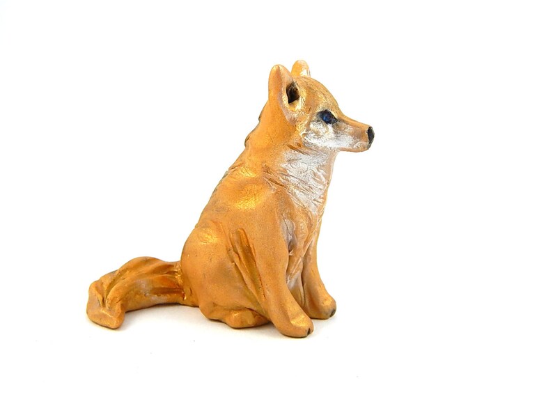 Golden Wolf with Blue Eyes Hand-Sculpted Figurine Polymer Clay Gold Wolf