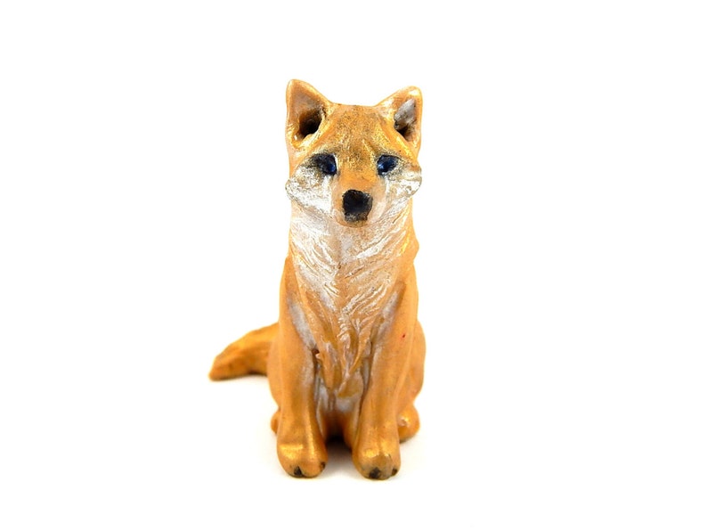 Golden Wolf with Blue Eyes Hand-Sculpted Figurine Polymer Clay Gold Wolf
