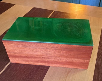 Padauk hinged box with green Epoxy Resin top and padauk sliding inner tray