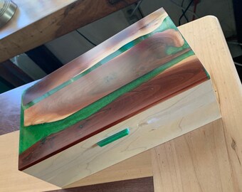 Maple Hinged Box with California Manzanita top highlighted with green epoxy “rivers”