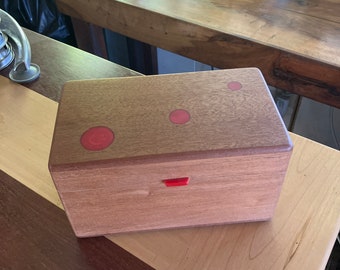 hinged clear Mahogany box with red epoxy “dots”- and moveable inner tray