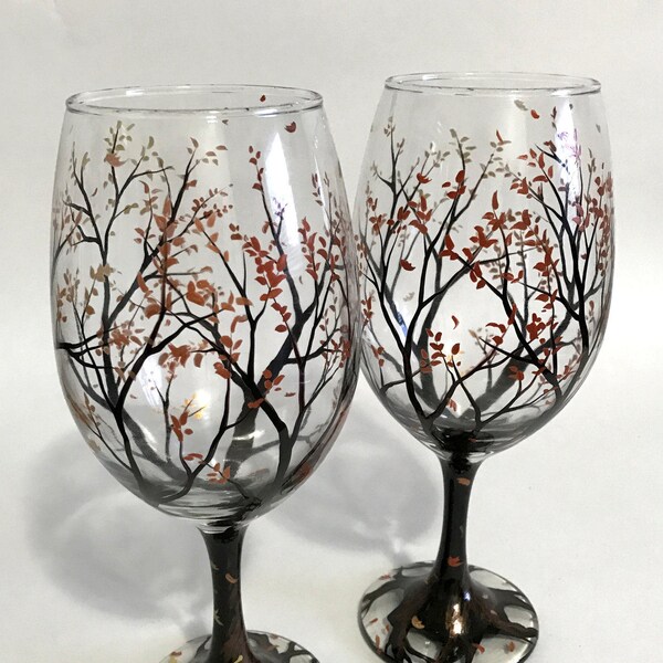 Tree Wine Glasses Iced Tea Short Stemmed Falling Leaves Hand Painted Stemware Set of Two Autumn Fall Seasonal Ombre Copper Gold Unique Art
