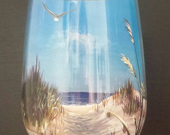 Footprints in the Sand Beach Wine Glass Hand Painted Landscape Scene Nautical Dune Pathway Seashell Blue Seagull Seaside Cottage Collectible