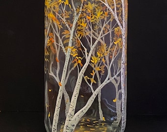 Autumn Birch Tree Hand Painted Glass Dispenser Kitchen or Bathroom Decor Fall Collectible