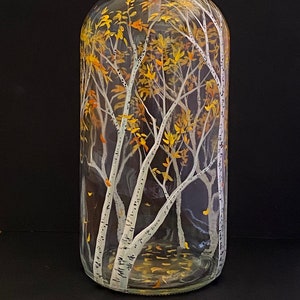 Autumn Birch Tree Hand Painted Glass Dispenser Kitchen or Bathroom Decor Fall Collectible