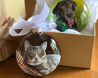 Pet Portrait Christmas Tree Ornament Hand Painted Glass Dog Cat Animal Loss Memorial Collectible Unique Gift Personalized Custom Photo Art