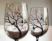 Bird Hand Painted Wine Glasses Tree Branches Falling Leaves Woodland Nature Stemware Brown Gold Copper Kitchen Decor Autumn Fall Unique Gift