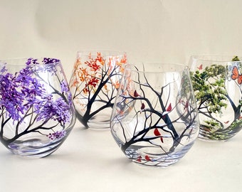 Four Season Tree Stemless Wine Glasses Spring Summer Winter Fall Set Four Hand Painted Unique Wedding Anniversary Birthday Housewarming Gift