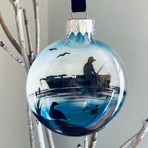 Hand Painted Fishing Christmas Ornament: Personalized Lake Scene Glass Disc