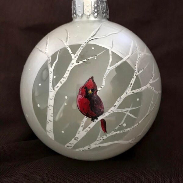 Cardinal Ornament Hand Painted Glass Grief Gift Sentimental Personalized Custom Bird White Birch Tree Branches Angel Spiritual Mourning Loss