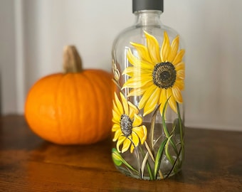 Sunflower Soap Dispenser Hand Painted Glass Floral Unique Kitchen Decor Nature Country Flower Yellow Liquid Storage Container Lotion Oils