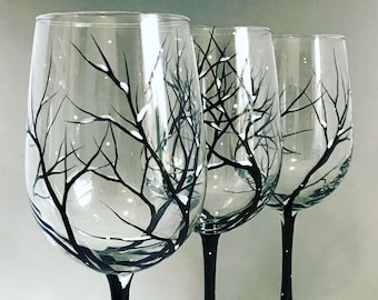 Hand Painted Wine Glass: Winter Snow Capped Tree Design, Modern Stemware