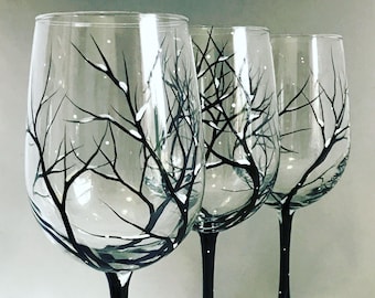 Tree Wine Glass Hand Painted Snow Capped Branches Black and White Stemware Stylish Modern Kitchen Bar Decor Unique Housewarming Wedding Gift