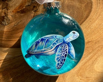 Sea Turtle Ornament Hand Painted Christmas Tree Decor Nautical Ocean Beach Unique Artistic Holiday Gift Personalized Custom Aquatic Animal