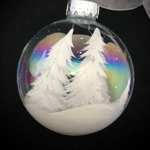 Hand Painted Iridescent Snow Globe Ornament: Winter Wonderland Scene