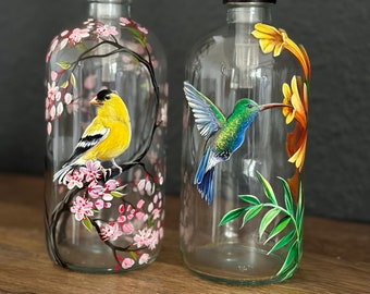 Bird Theme Glass Soap Dispenser Pump Style Hand Painted Collectible for Kitchen or Bathroom