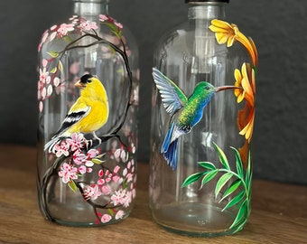 Glass Soap Dispenser Pump Style Hand Painted Birds Flower Nature Seasonal Bathroom Kitchen Storage Container Unique Artistic Aestetic Usable