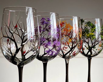 Four Seasons Tree Wine Glasses Spring Summer Winter Fall Set of Four Hand Painted Art Unique Wedding Anniversary Birthday  Housewarming Gift