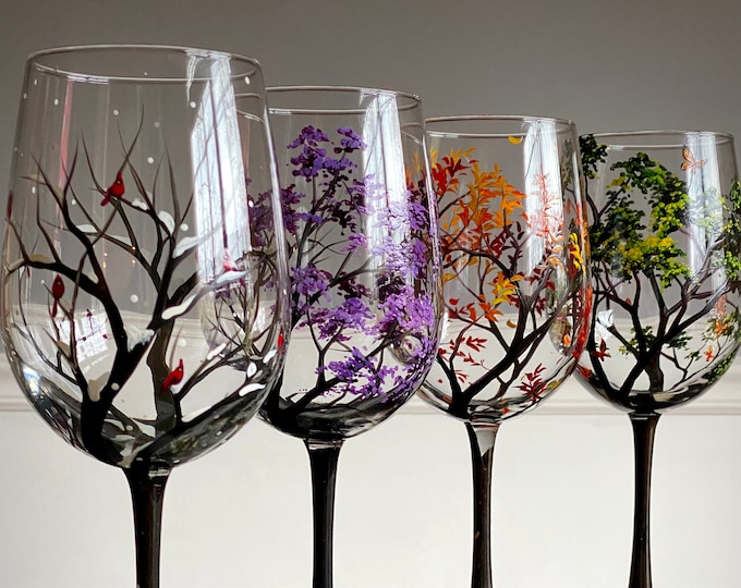 Hand Painted Stemmed Wine Glass Singles OR Set of Four Seasonal Collectible Glassware
