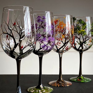 Four Seasons Tree Wine Glasses Spring Summer Winter Fall Set of Four Hand Painted Art Unique Wedding Anniversary Birthday  Housewarming Gift
