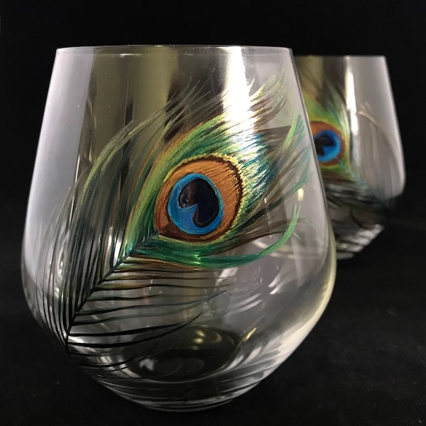 Peacock Feather Hand Painted Stemless Wine Glass Collectible Unique Barware Cocktail Glassware Black and Gold Metallic Accents Artistic Gift