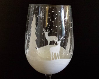 Wine Glass Hand Painted Winter White Reindeer Deer Snowy Pine Trees Snowflakes Holiday Seasonal Christmas Stemware Unique Stylish Barware